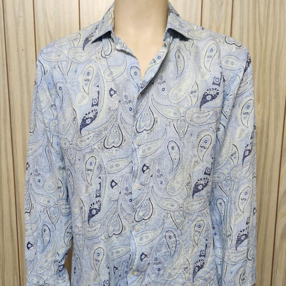men s linen shirt XL Saks Fifth Avenue blue paisley long sleeve